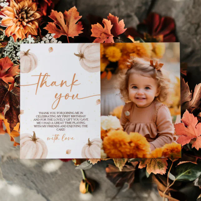 Pumpkin Themed Birthday Photo Thank You Card | Zazzle