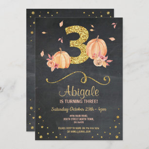 Pumpkin THREE Birthday 3rd Fall Chalk Gold Invite