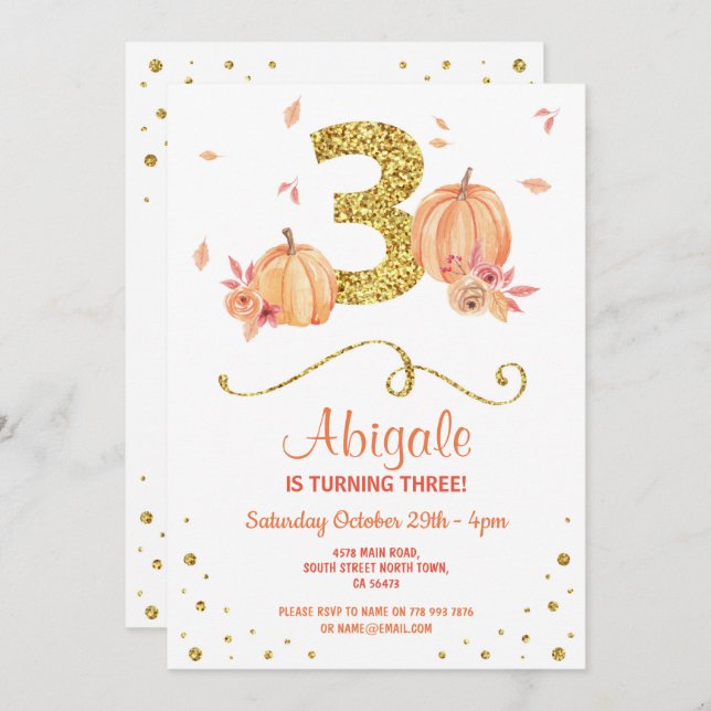 Pumpkin THREE Birthday 3rd Fall Party Gold Invite (Front/Back)