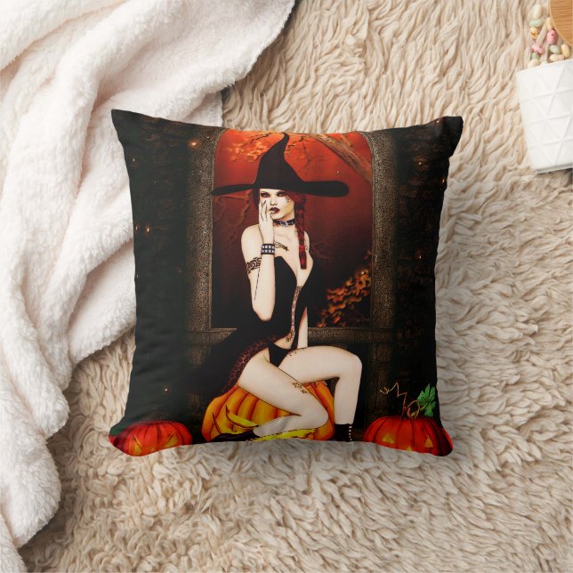 Pumpkin Throne Witch Throw Pillow (Blanket)