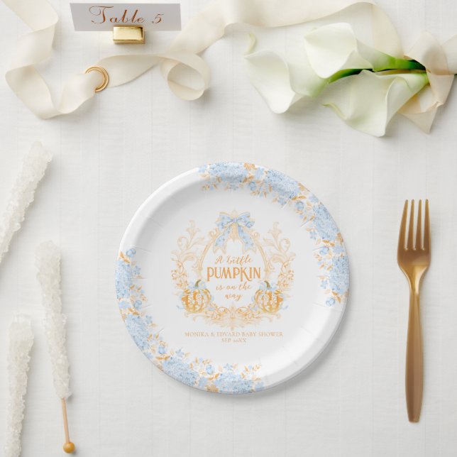 Pumpkin Toile Crest Elegant Boy Baby Shower Paper Plates (Wedding)