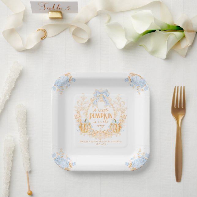 Pumpkin Toile Crest Elegant Boy Baby Shower Paper Plates (Wedding)