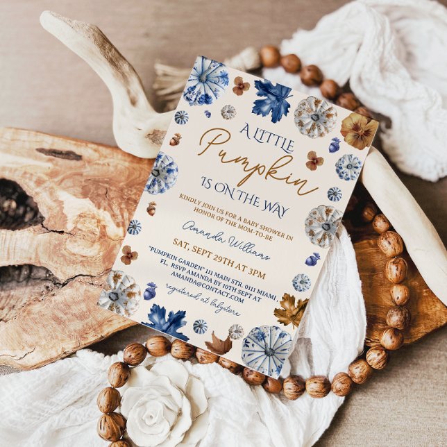 Pumpkin Toile de Jouy Blue Terracotta Baby Shower Invitation (Creator Uploaded)