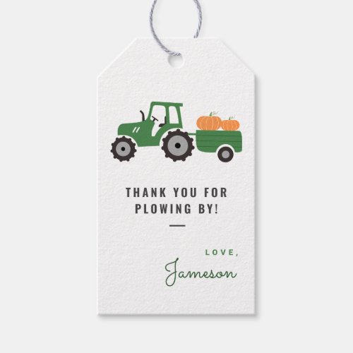 Pumpkin tractor birthday party favor tag 