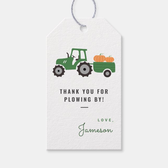 Pumpkin tractor birthday party favor tag  (Front)