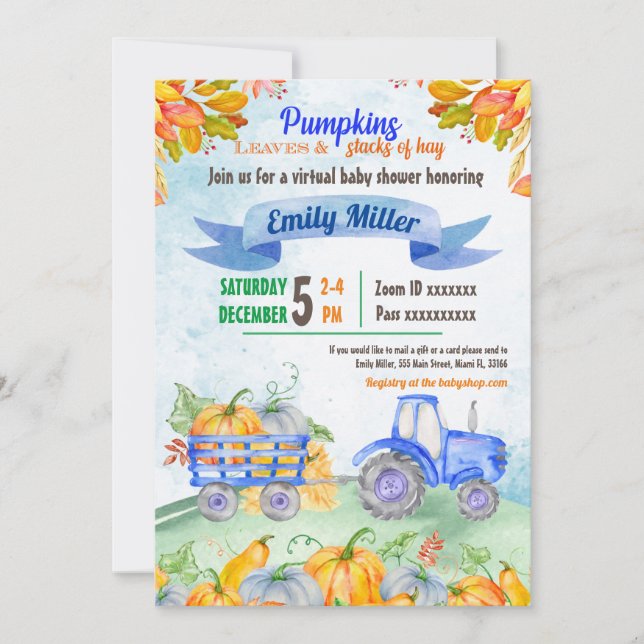 Pumpkin Tractor Virtual Baby Shower Invitation (Front)