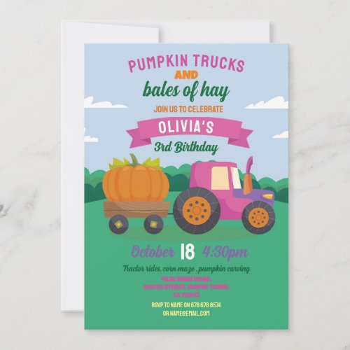 Pumpkin Tractors Birthday Harvest Party Girls Invitation