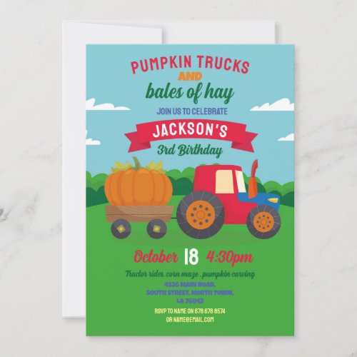 Pumpkin Tractors Birthday Harvest Party  Invitation