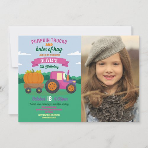 Pumpkin Tractors Birthday Photo Party Girls Invitation