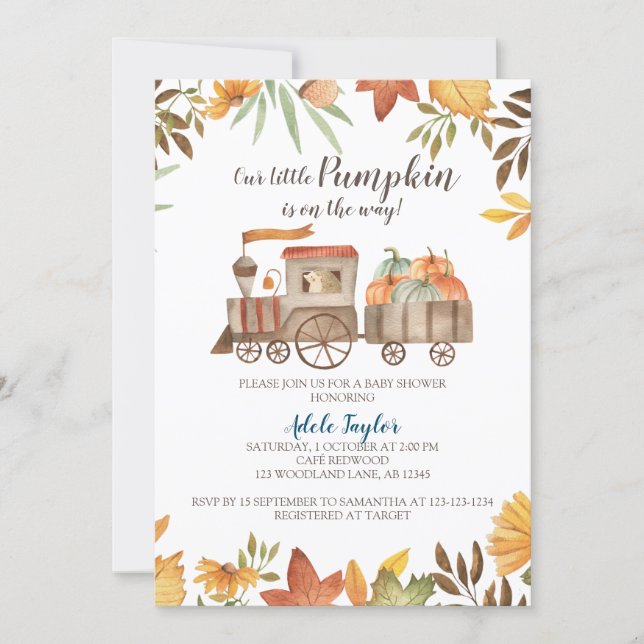 Pumpkin Train Baby Shower, Fall Baby Sprinkle Invitation (Front)