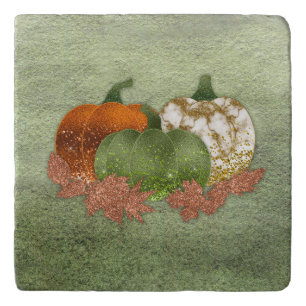 Pumpkin Trio With Copper Autumn Leaves Trivet