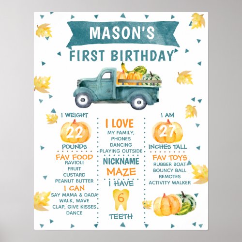 Pumpkin Truck 1st Birthday Milestone Poster