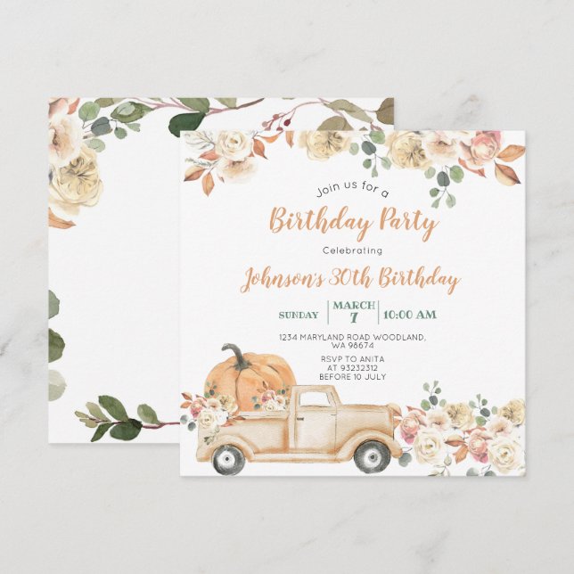 Pumpkin Truck 30th Birthday Party Rustic Floral Invitation (Front/Back)