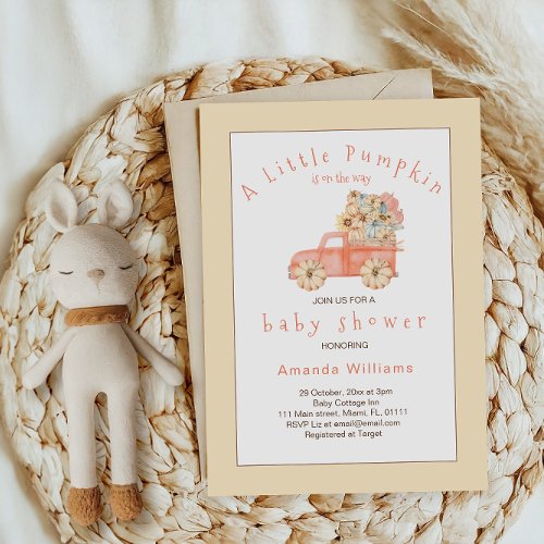 Pumpkin Truck Autumn Floral Modern Baby Shower Invitation