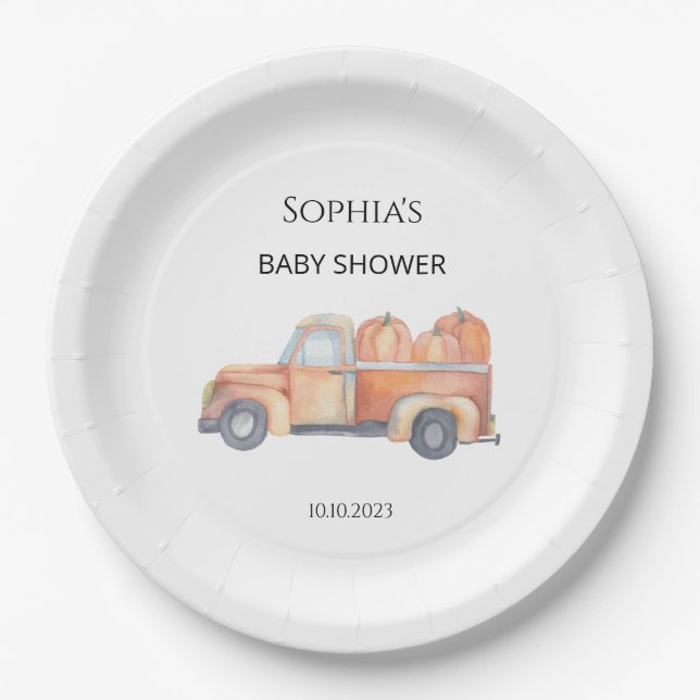 Pumpkin truck baby shower paper plates (Front)