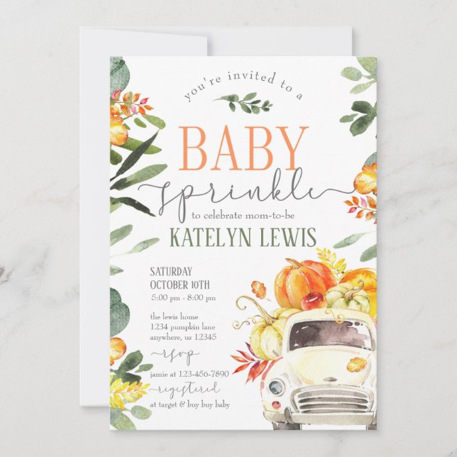 Pumpkin Truck Baby Sprinkle Greenery Invitation (Front)