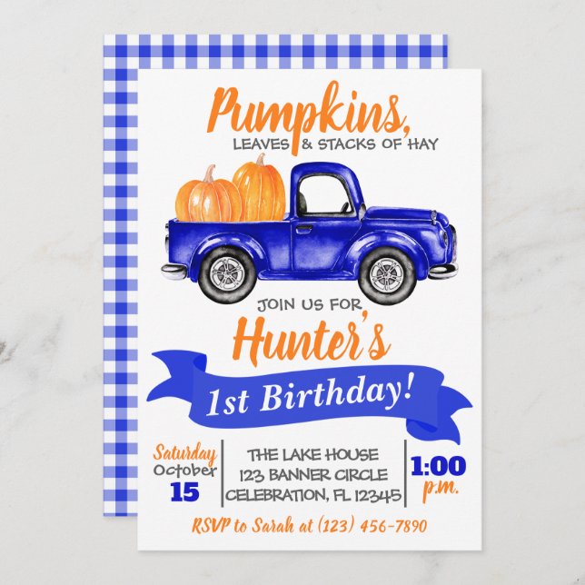 Pumpkin Truck Birthday Invitation - Blue Truck (Front/Back)
