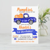 Pumpkin Truck Birthday Invitation - Blue Truck (Standing Front)