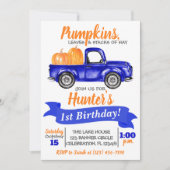 Pumpkin Truck Birthday Invitation - Blue Truck (Front)