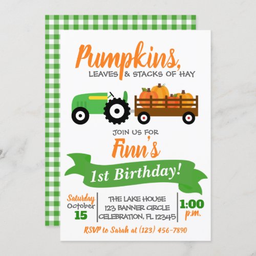 Pumpkin Truck Birthday Invitation _ Green Tractor