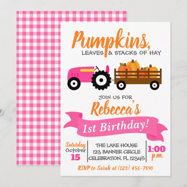 Pumpkin Truck Birthday Invitation - Pink Tractor (Front/Back)