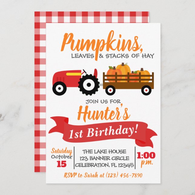 Pumpkin Truck Birthday Invitation - Red Tractor (Front/Back)