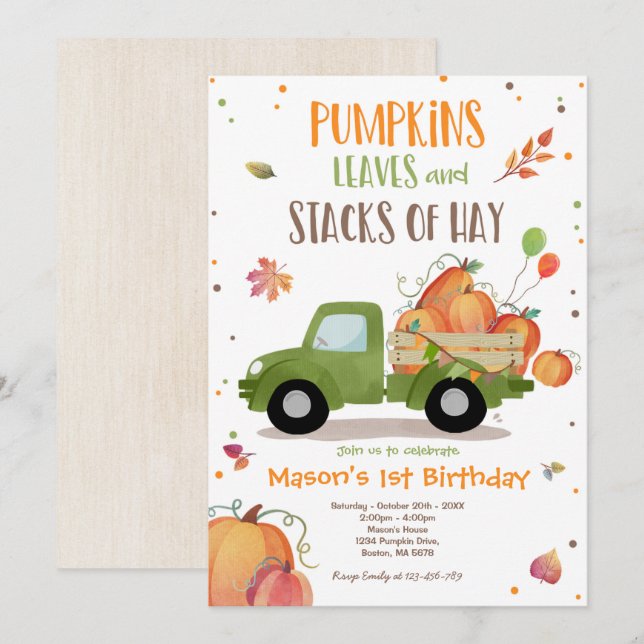 Pumpkin Truck Birthday Party Fall Pumpkin Birthday Invitation (Front/Back)