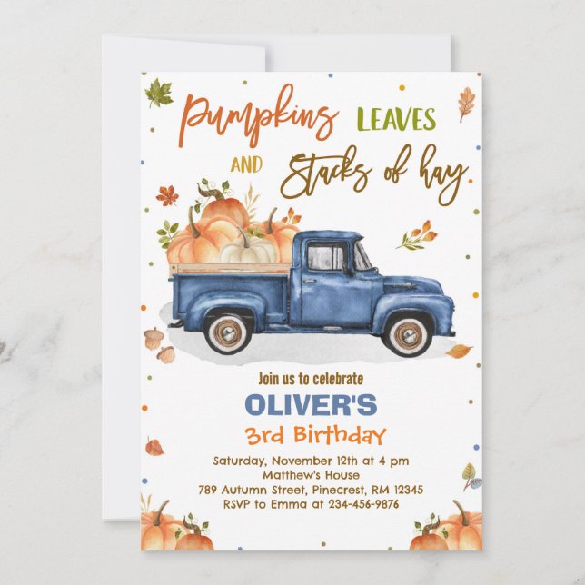 Pumpkin Truck Birthday Party Fall Pumpkin Birthday Invitation (Front)