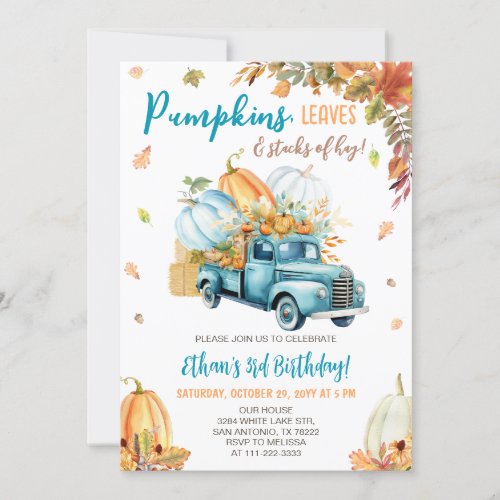 Pumpkin Truck Fall Boy Birthday Party Invitation