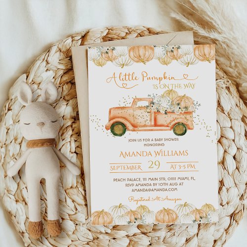 Pumpkin Truck Fall Floral Baby Shower  Invitation