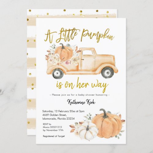 Pumpkin Truck Floral Girl Baby Shower Invitation