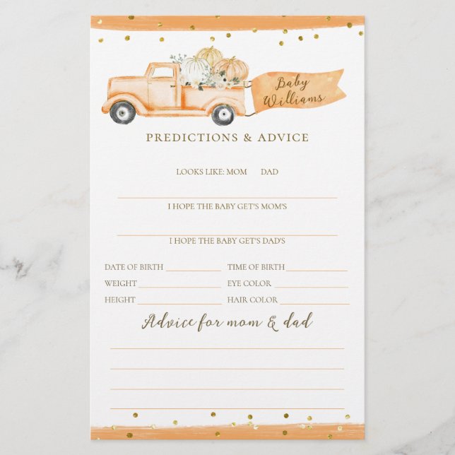 Pumpkin Truck Modern Fall Baby Shower Game (Front)