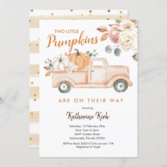 Pumpkin Truck Twins Floral Baby Shower Invitation (Front/Back)