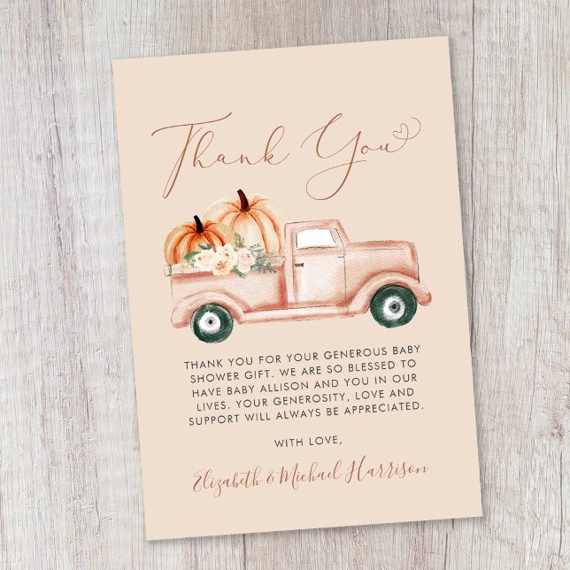Pumpkin Truck Watercolor Baby Shower Thank You Card (Creator Uploaded)