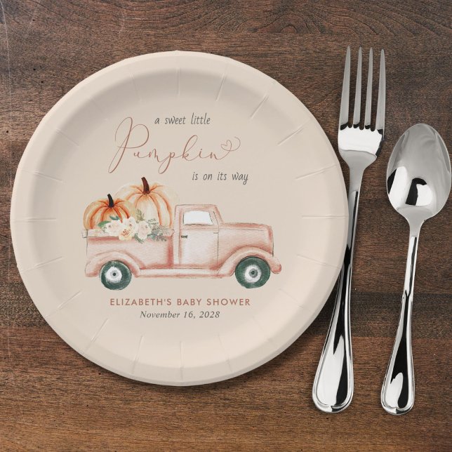 Pumpkin Truck Watercolor Fall Baby Shower Paper Plates (Creator Uploaded)