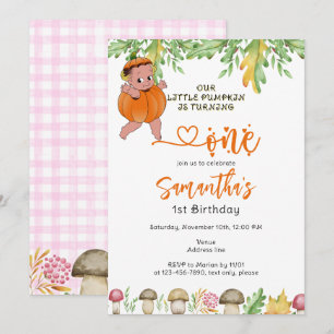 Pumpkin Turning One Mushrooms Plaid 1st Birthday Invitation