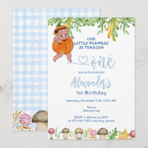 Pumpkin Turning One Mushrooms Plaid 1st Birthday Invitation