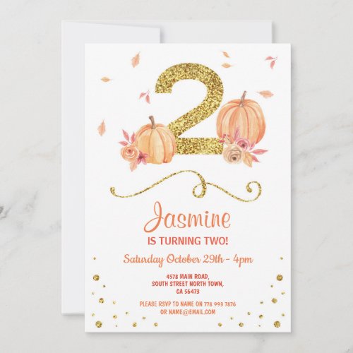Pumpkin TWO Birthday 2nd Fall Party Gold Invite