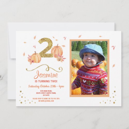 Pumpkin TWO Birthday 2nd Fall Party Photo Invite