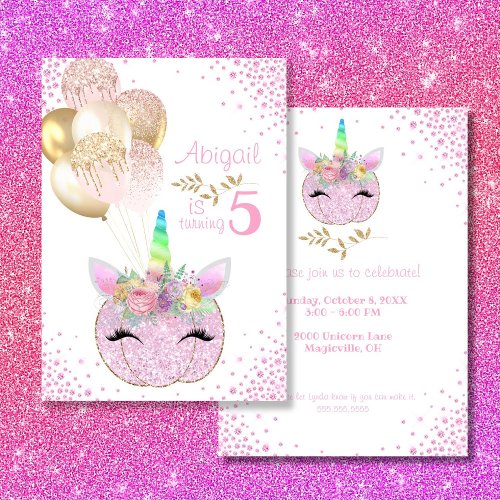 Pumpkin Unicorn Girl 5th Birthday Invitation