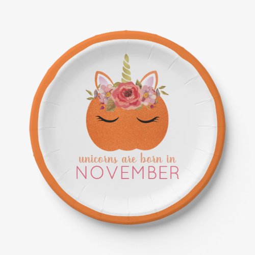 Pumpkin Unicorns are born in November Birthday Paper Plates