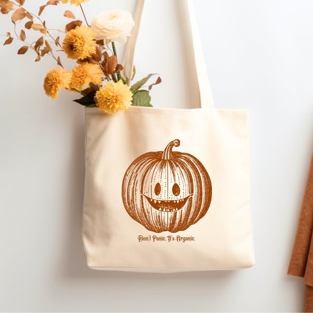 Pumpkin Vibes Halloween Don't Panic It's Organic Tote Bag (Vintage jack o lantern funny halloween tote featuring the quote Don't Panic It's Organic.)