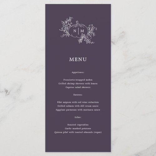 Pumpkin Vines Dark Plum Purple Monogram Wedding  Menu