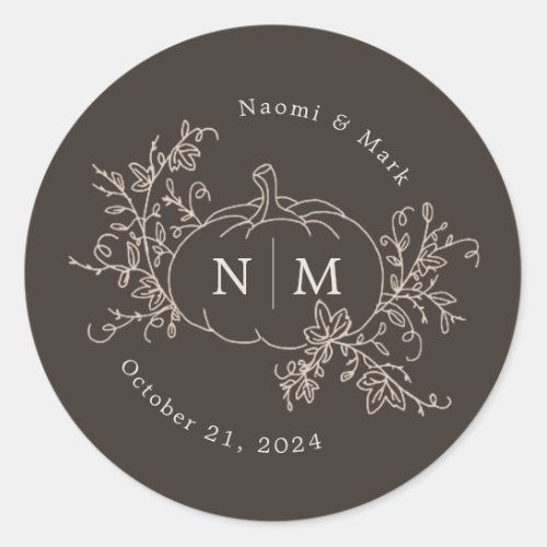 Pumpkin Vines Monogram Wedding Classic Round Stick Classic Round Sticker