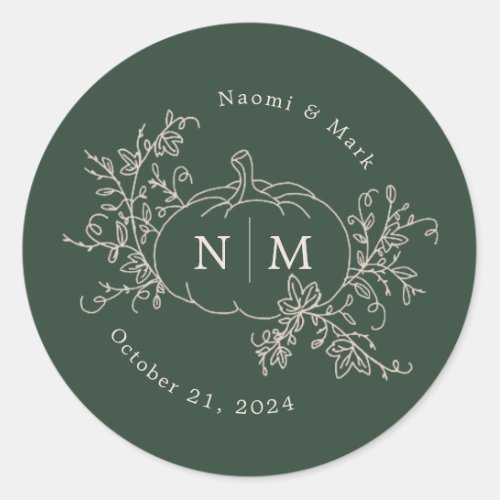 Pumpkin Vines Monogram Wedding Classic Round Stick Classic Round Sticker