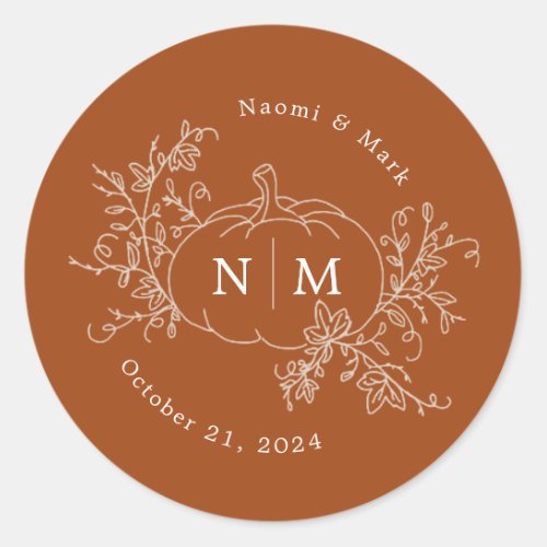 Pumpkin Vines Monogram Wedding Classic Round Stick Classic Round Sticker