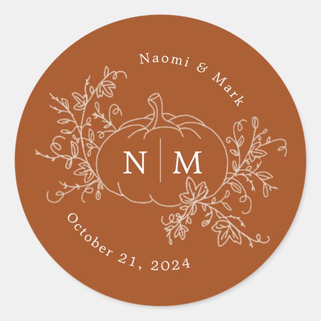 Pumpkin Vines Monogram Wedding Classic Round Stick Sticker (Front)
