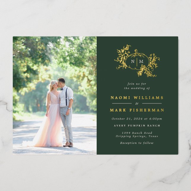 Pumpkin Vines Monogram Wedding Foil Invitation (Front)
