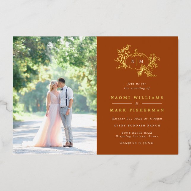 Pumpkin Vines Monogram Wedding Foil Invitation (Front)