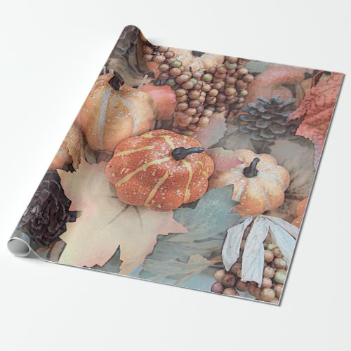 Pumpkin Vintage Antique Orange Gray Fall Art Wrapping Paper